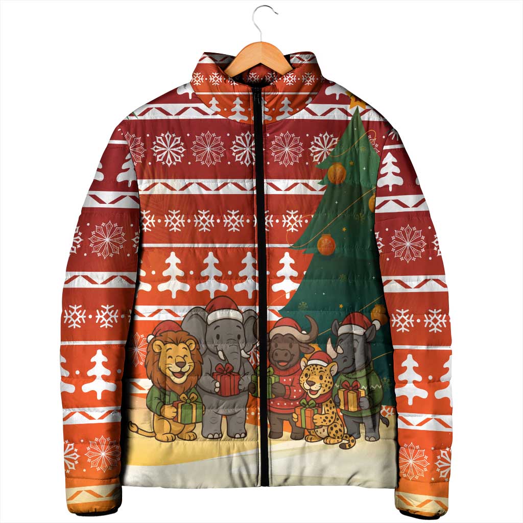 Zambia Christmas Padded Jacket with African Animals Tree Snowflakes and National Emblem Design - Wonder Print Shop