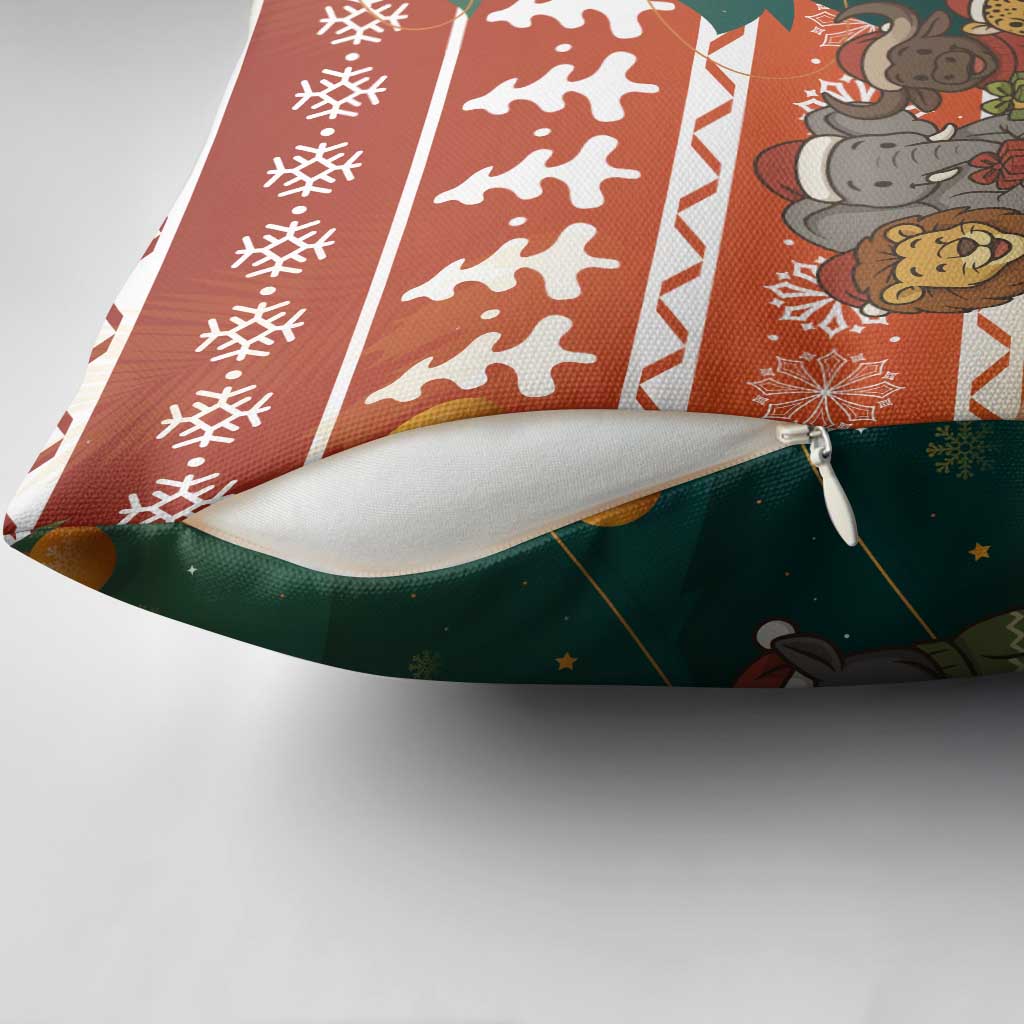 Zambia Christmas Pillow Cover with African Animals Tree Snowflakes and National Emblem Design - Wonder Print Shop