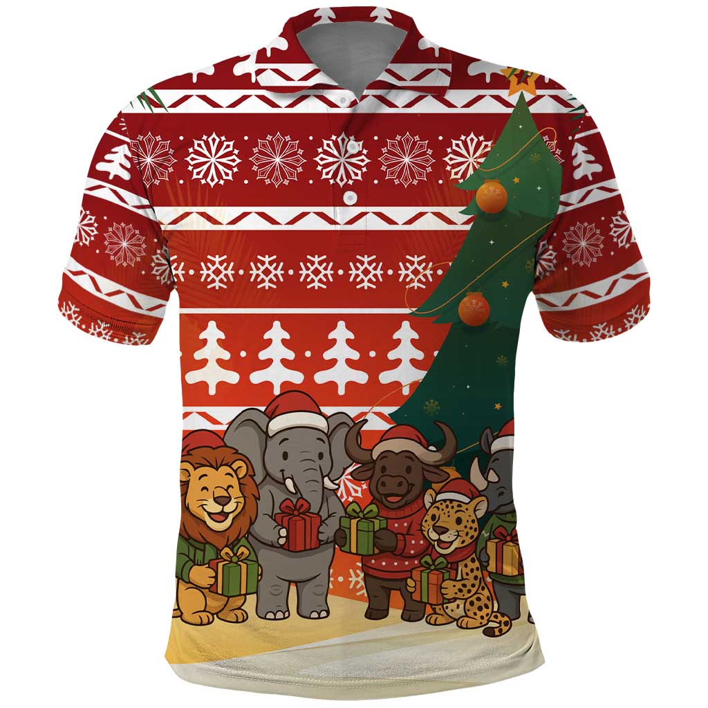 Zambia Christmas Polo Shirt with African Animals Tree Snowflakes and National Emblem Design - Wonder Print Shop