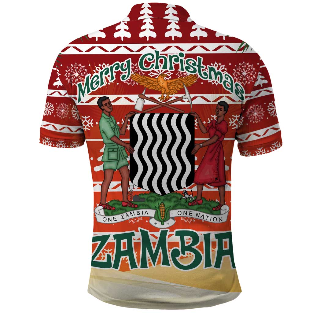 Zambia Christmas Polo Shirt with African Animals Tree Snowflakes and National Emblem Design - Wonder Print Shop