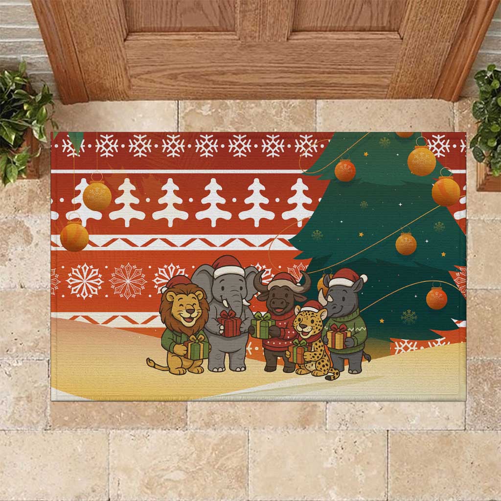 Zambia Christmas Rubber Doormat with African Animals Tree Snowflakes and National Emblem Design - Wonder Print Shop