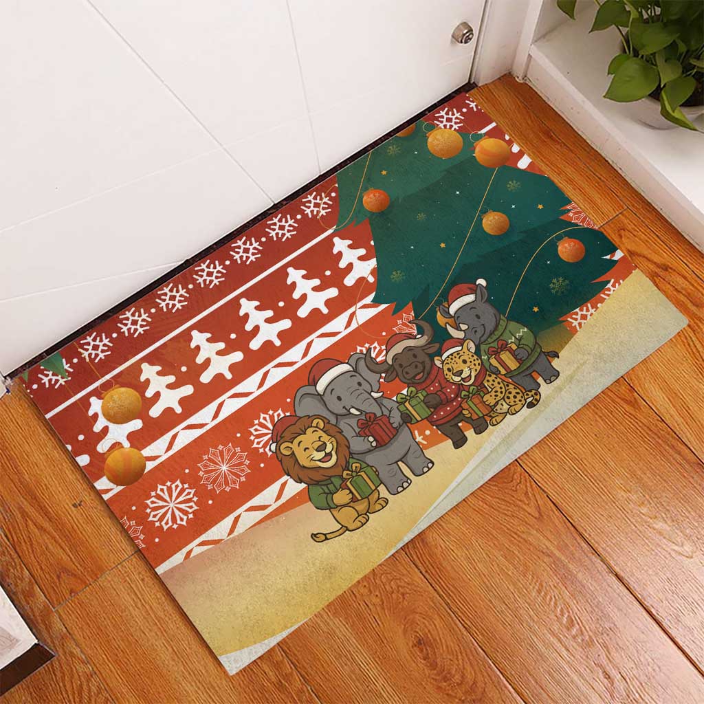Zambia Christmas Rubber Doormat with African Animals Tree Snowflakes and National Emblem Design - Wonder Print Shop