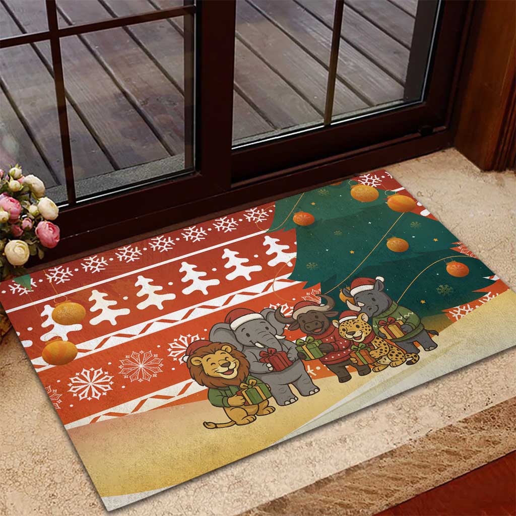 Zambia Christmas Rubber Doormat with African Animals Tree Snowflakes and National Emblem Design - Wonder Print Shop
