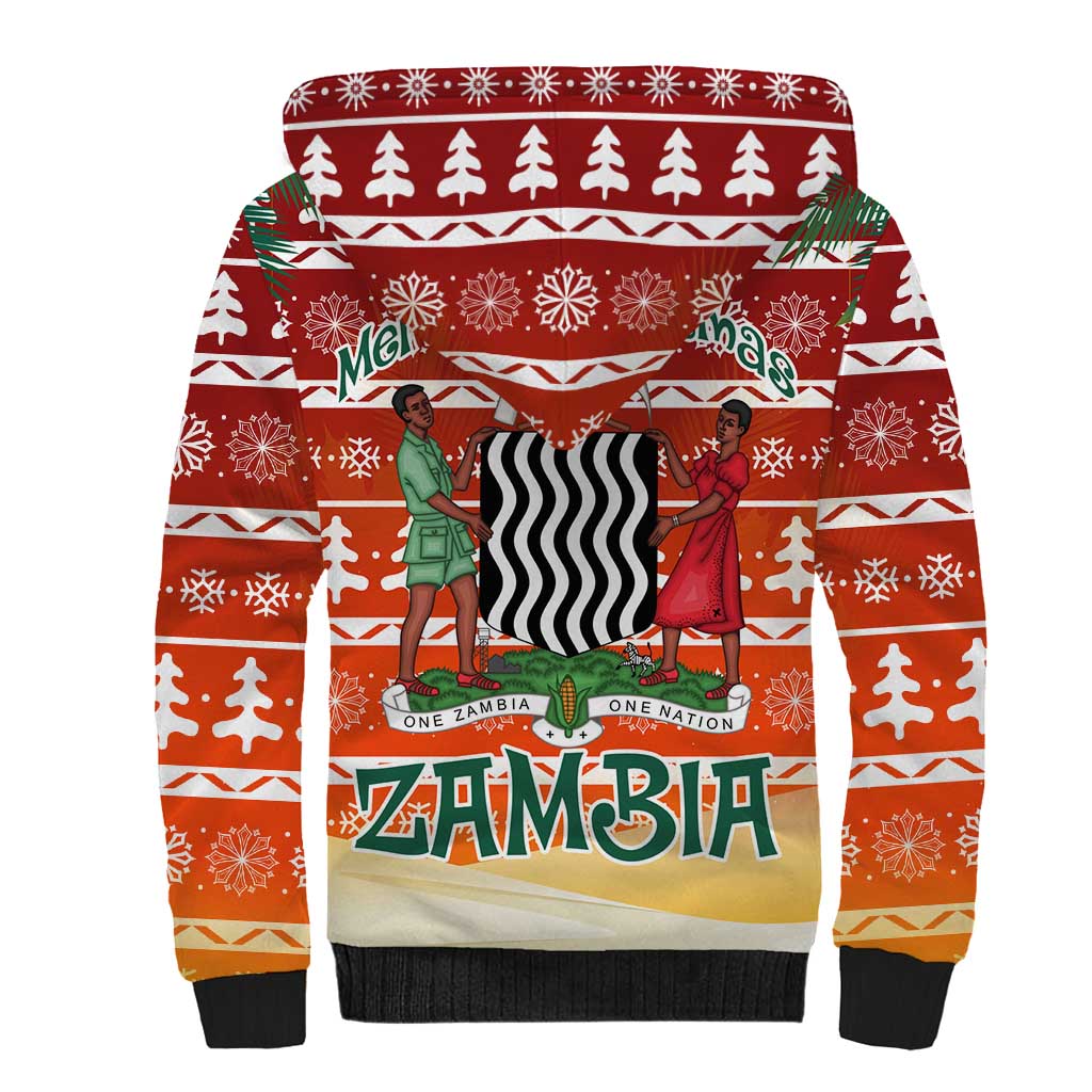 Zambia Christmas Sherpa Hoodie with African Animals Tree Snowflakes and National Emblem Design - Wonder Print Shop