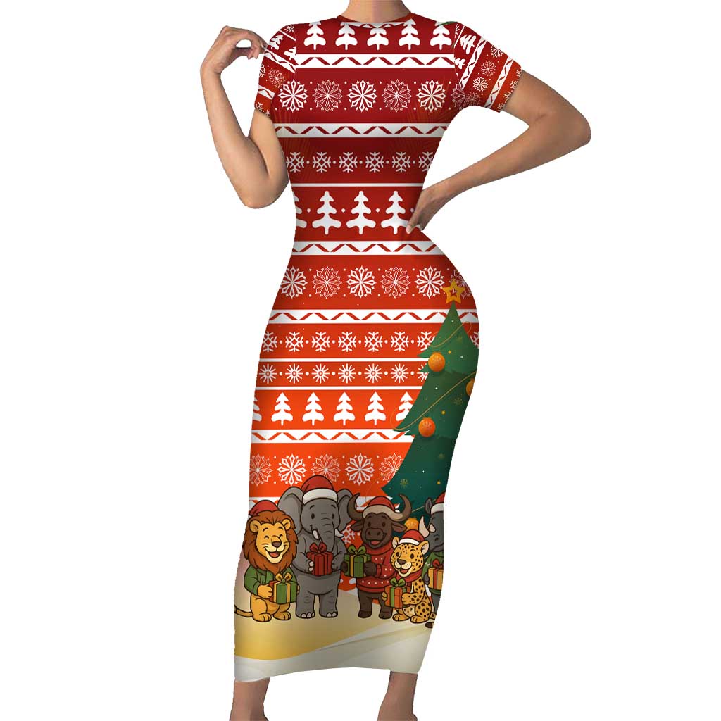 Zambia Christmas Short Sleeve Bodycon Dress with African Animals Tree Snowflakes and National Emblem Design - Wonder Print Shop