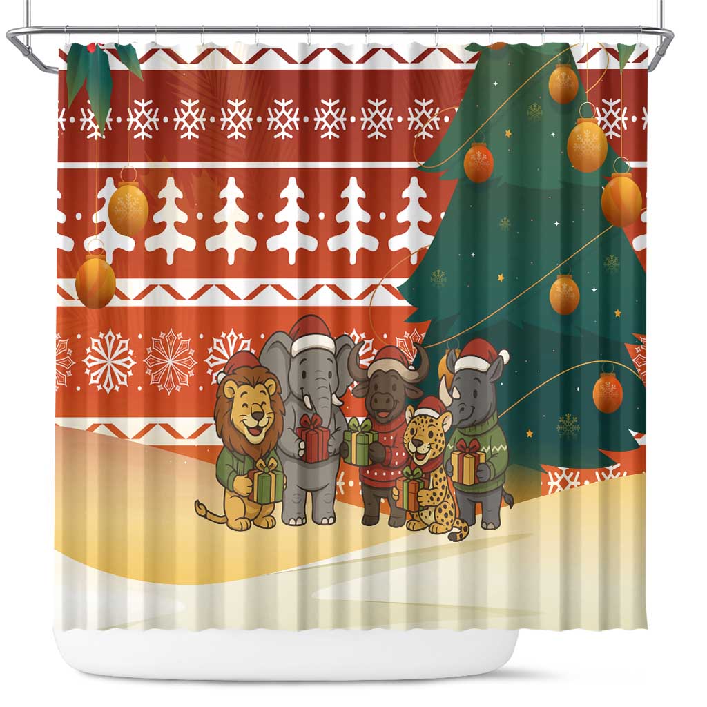 Zambia Christmas Shower Curtain with African Animals Tree Snowflakes and National Emblem Design - Wonder Print Shop
