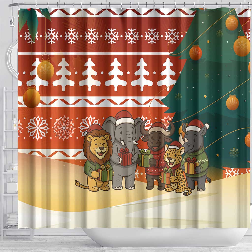 Zambia Christmas Shower Curtain with African Animals Tree Snowflakes and National Emblem Design - Wonder Print Shop