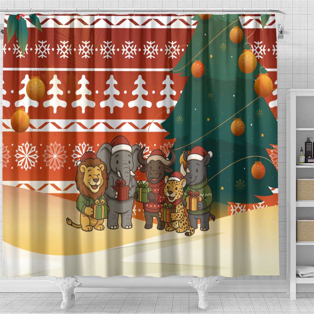 Zambia Christmas Shower Curtain with African Animals Tree Snowflakes and National Emblem Design - Wonder Print Shop