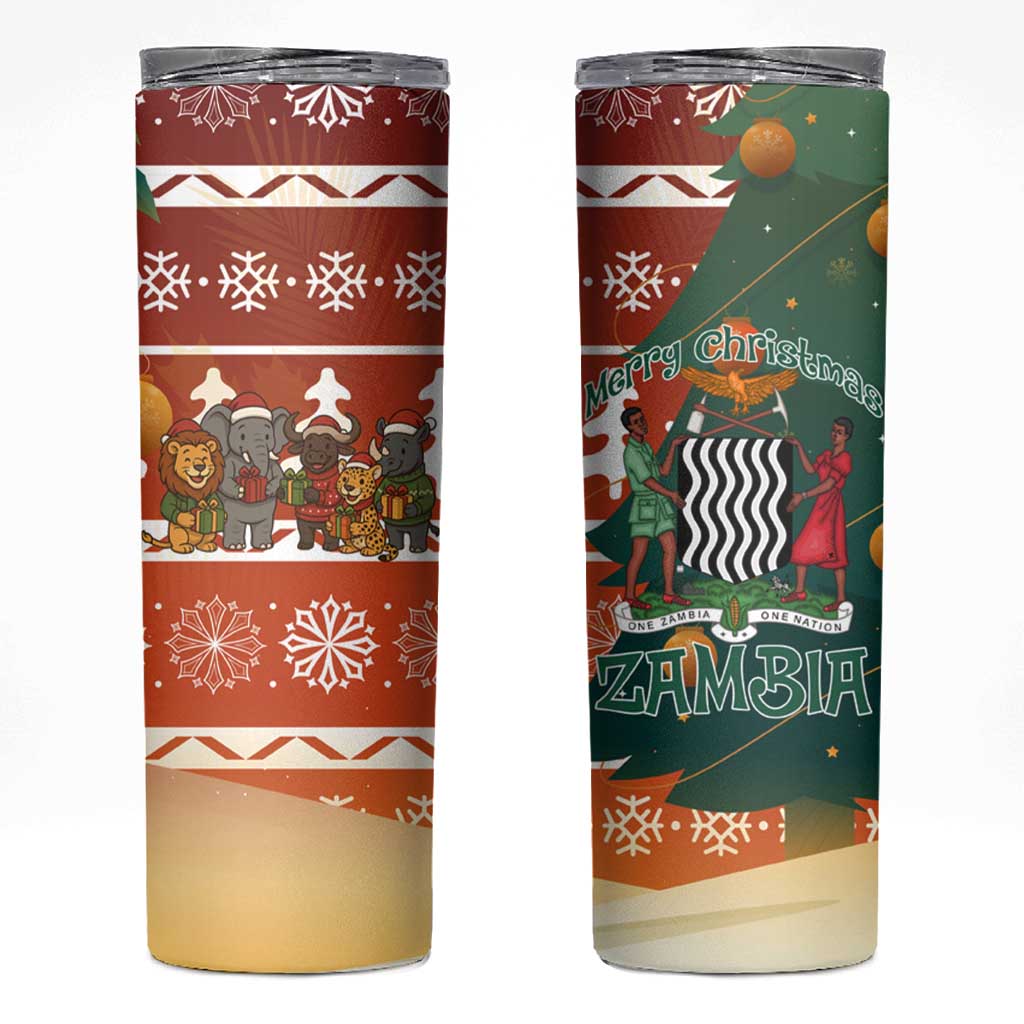 Zambia Christmas Skinny Tumbler with African Animals Tree Snowflakes and National Emblem Design - Wonder Print Shop