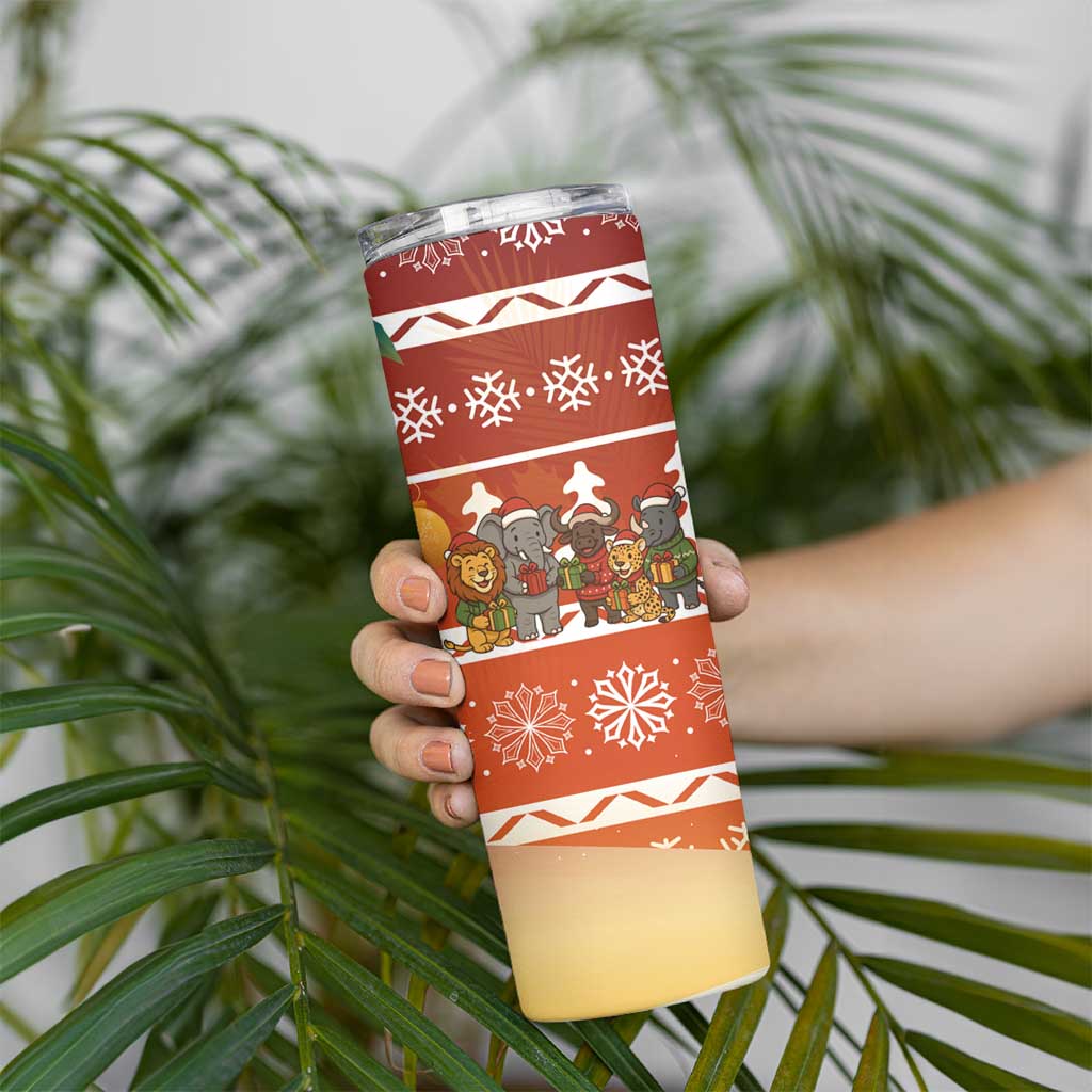 Zambia Christmas Skinny Tumbler with African Animals Tree Snowflakes and National Emblem Design - Wonder Print Shop