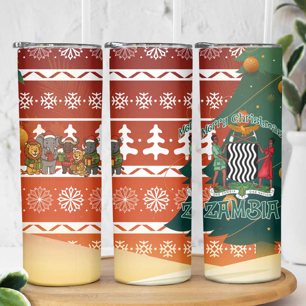 Zambia Christmas Skinny Tumbler with African Animals Tree Snowflakes and National Emblem Design - Wonder Print Shop