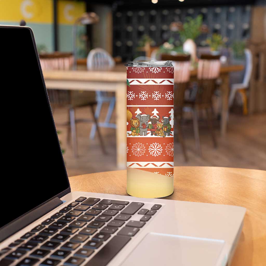 Zambia Christmas Skinny Tumbler with African Animals Tree Snowflakes and National Emblem Design - Wonder Print Shop