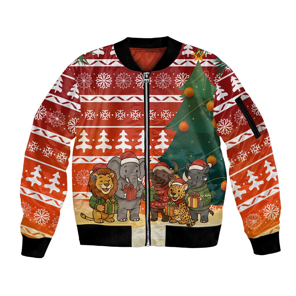 Zambia Christmas Sleeve Zip Bomber Jacket with African Animals Tree Snowflakes and National Emblem Design - Wonder Print Shop