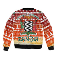 Zambia Christmas Sleeve Zip Bomber Jacket with African Animals Tree Snowflakes and National Emblem Design - Wonder Print Shop