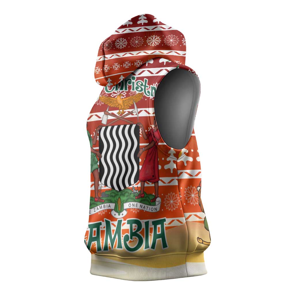 Zambia Christmas Sleeveless Hoodie with African Animals Tree Snowflakes and National Emblem Design - Wonder Print Shop