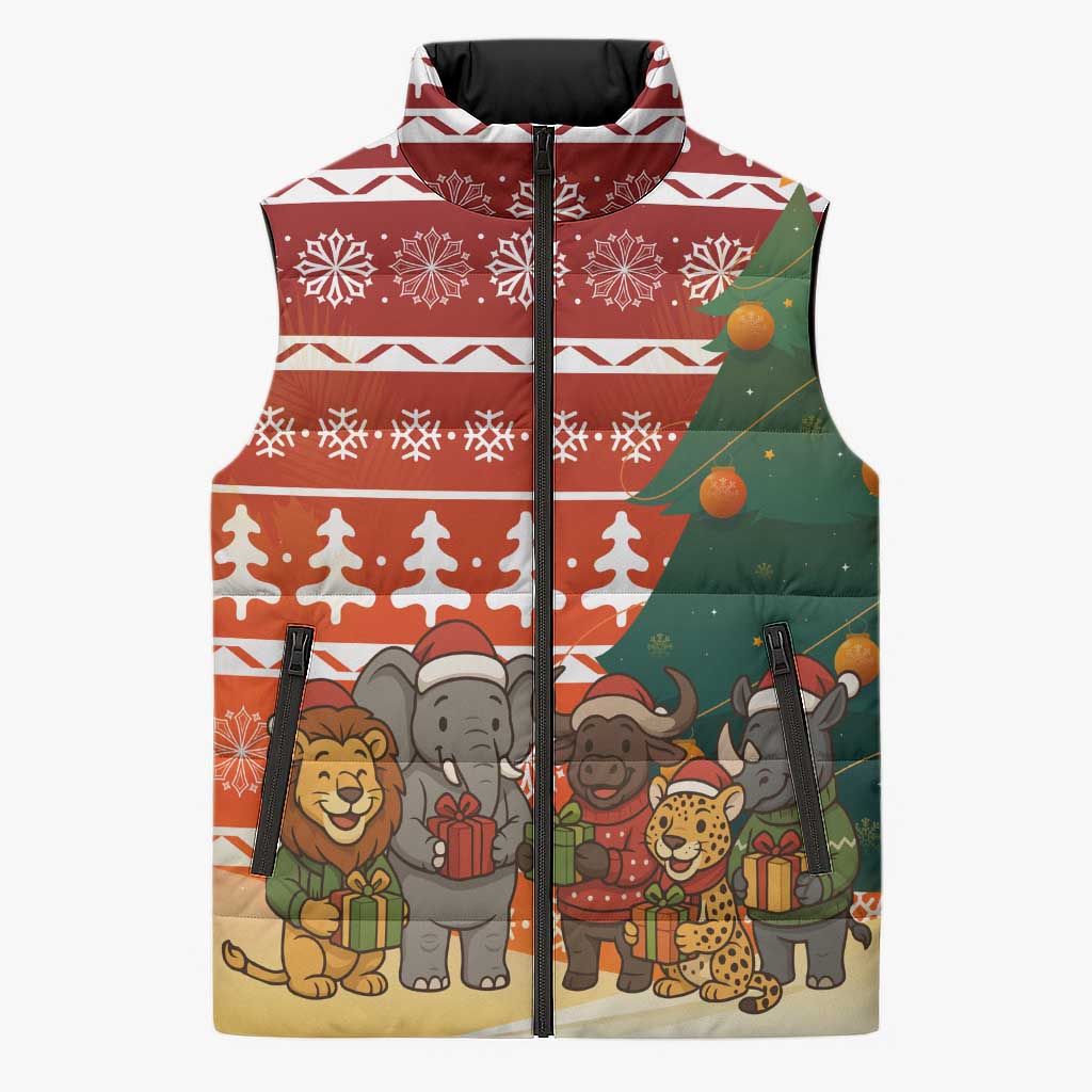 Zambia Christmas Sleeveless Puffer Jacket with African Animals Tree Snowflakes and National Emblem Design - Wonder Print Shop