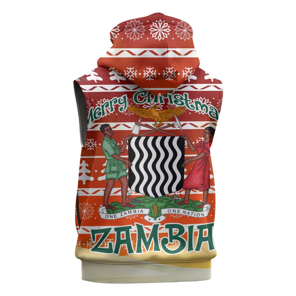 Zambia Christmas Sleeveless Zip Hoodie with African Animals Tree Snowflakes and National Emblem Design - Wonder Print Shop