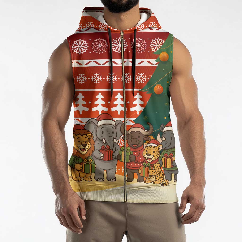Zambia Christmas Sleeveless Zip Hoodie with African Animals Tree Snowflakes and National Emblem Design - Wonder Print Shop