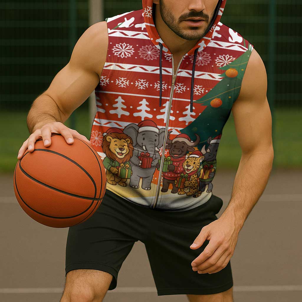 Zambia Christmas Sleeveless Zip Hoodie with African Animals Tree Snowflakes and National Emblem Design - Wonder Print Shop