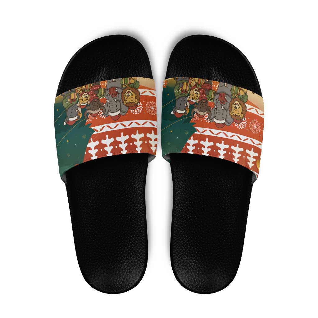 Zambia Christmas Slide Sandals with African Animals Tree Snowflakes and National Emblem Design - Wonder Print Shop