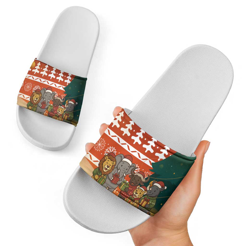Zambia Christmas Slide Sandals with African Animals Tree Snowflakes and National Emblem Design - Wonder Print Shop