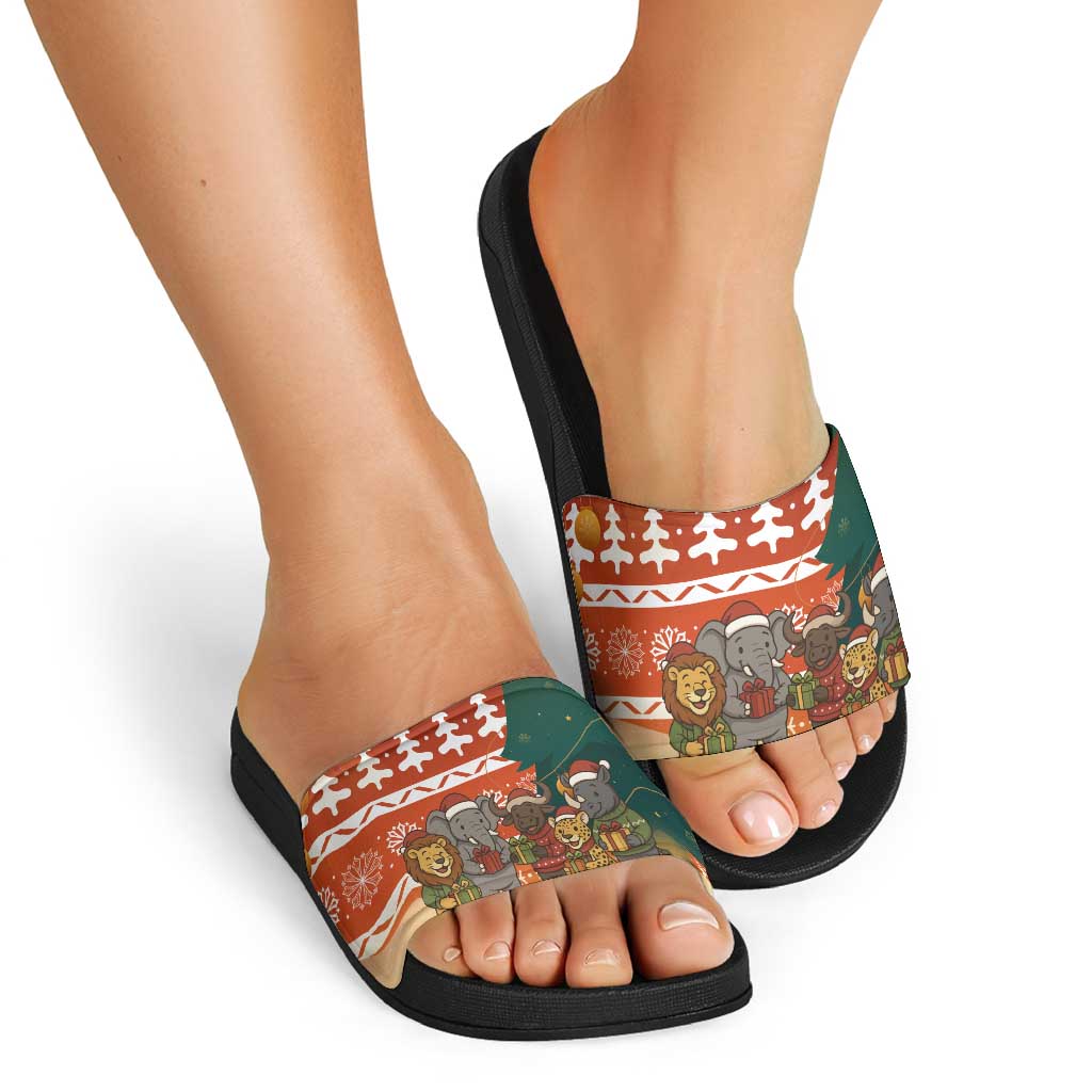 Zambia Christmas Slide Sandals with African Animals Tree Snowflakes and National Emblem Design - Wonder Print Shop
