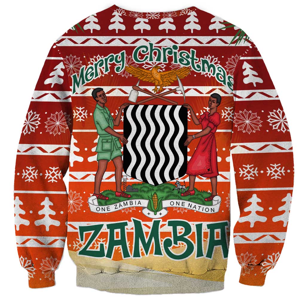 Zambia Christmas Sweatshirt with African Animals Tree Snowflakes and National Emblem Design - Wonder Print Shop