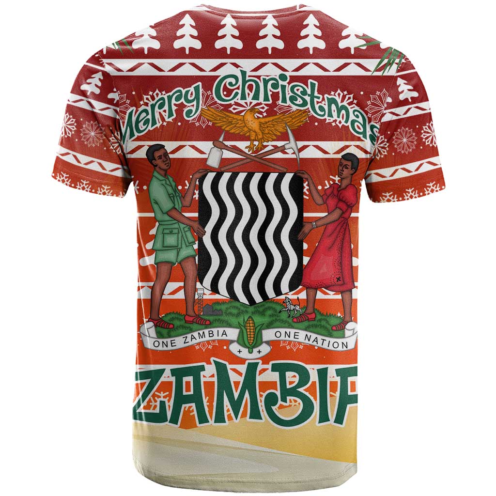Zambia Christmas T Shirt with African Animals Tree Snowflakes and National Emblem Design - Wonder Print Shop
