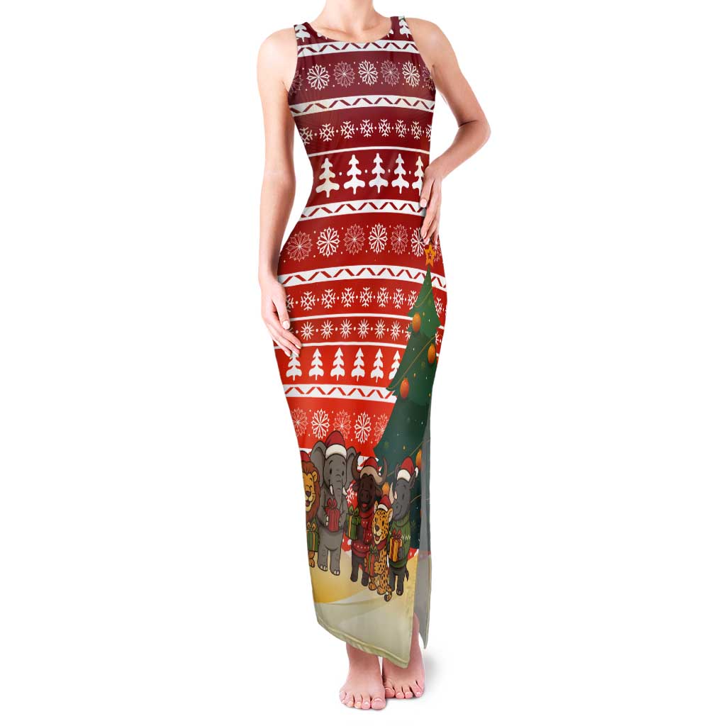 Zambia Christmas Tank Maxi Dress with African Animals Tree Snowflakes and National Emblem Design - Wonder Print Shop