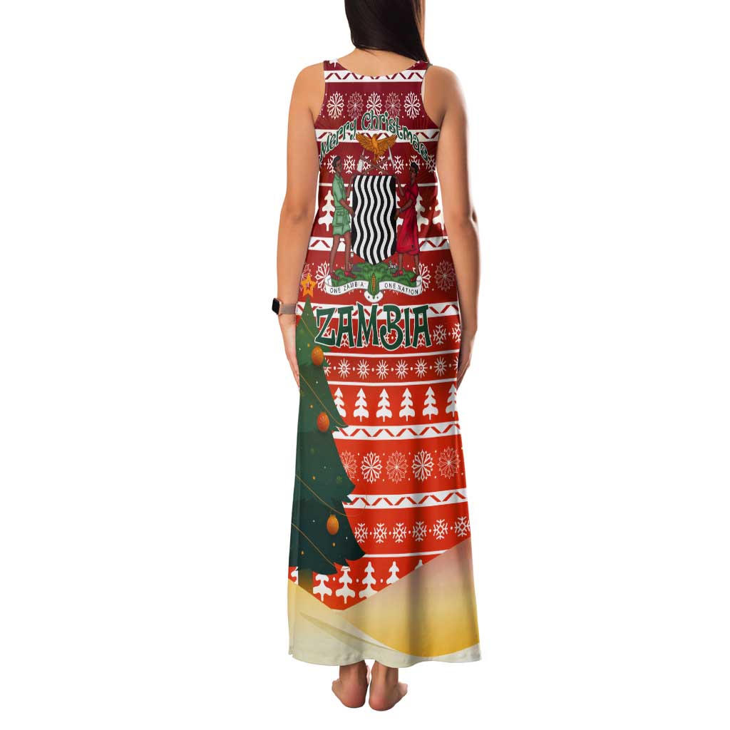 Zambia Christmas Tank Maxi Dress with African Animals Tree Snowflakes and National Emblem Design - Wonder Print Shop