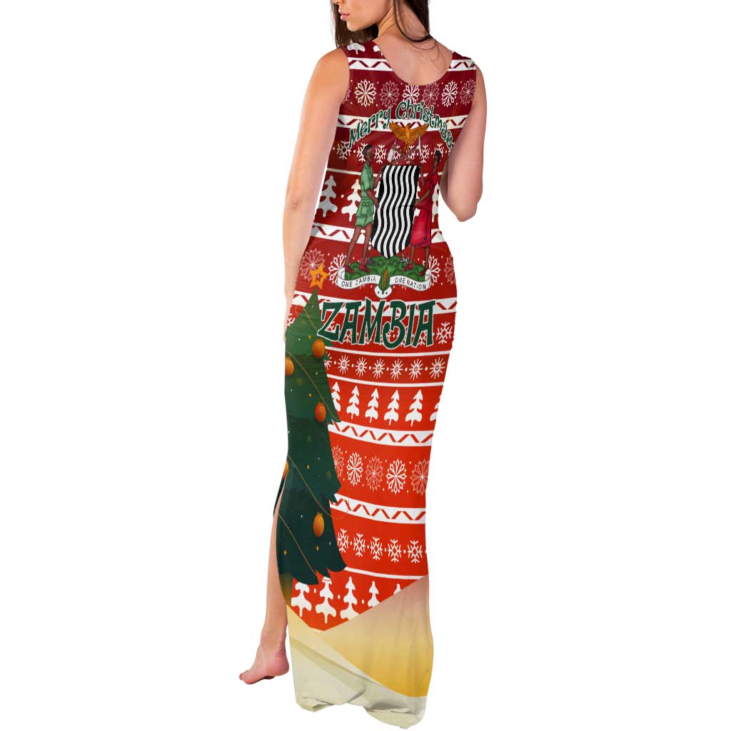 Zambia Christmas Tank Maxi Dress with African Animals Tree Snowflakes and National Emblem Design - Wonder Print Shop