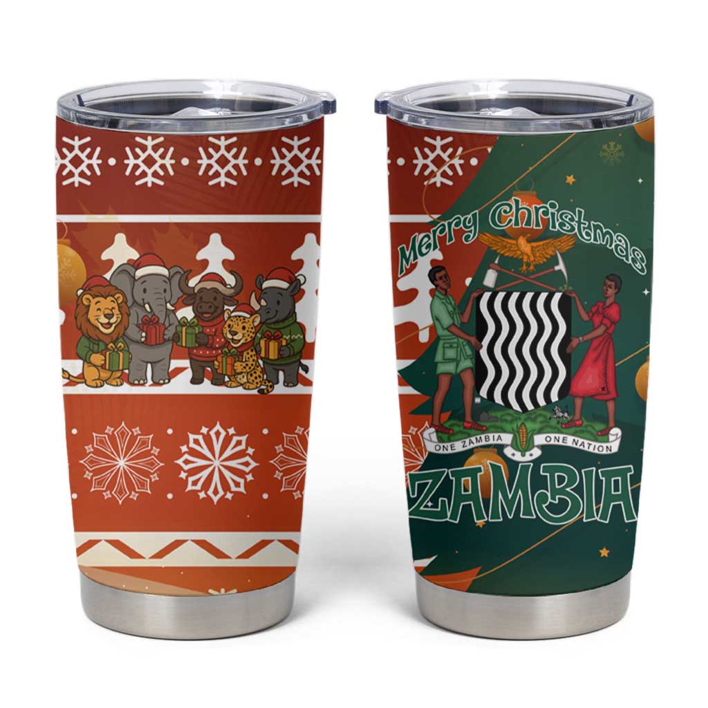 Zambia Christmas Tumbler Cup with African Animals Tree Snowflakes and National Emblem Design - Wonder Print Shop