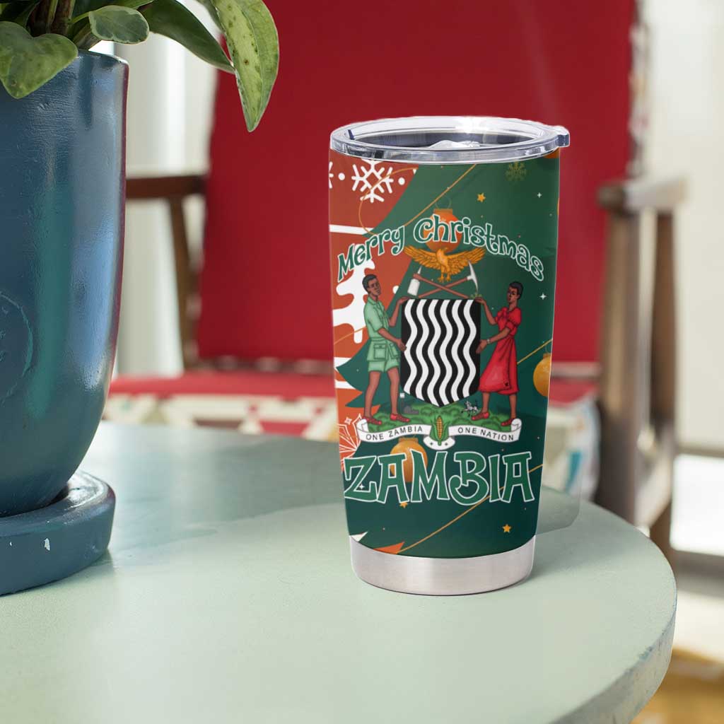 Zambia Christmas Tumbler Cup with African Animals Tree Snowflakes and National Emblem Design - Wonder Print Shop