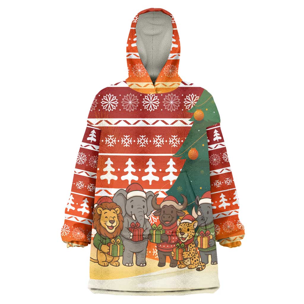 Zambia Christmas Wearable Blanket Hoodie with African Animals Tree Snowflakes and National Emblem Design - Wonder Print Shop