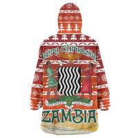 Zambia Christmas Wearable Blanket Hoodie with African Animals Tree Snowflakes and National Emblem Design - Wonder Print Shop