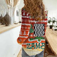 Zambia Christmas Women Casual Shirt with African Animals Tree Snowflakes and National Emblem Design - Wonder Print Shop