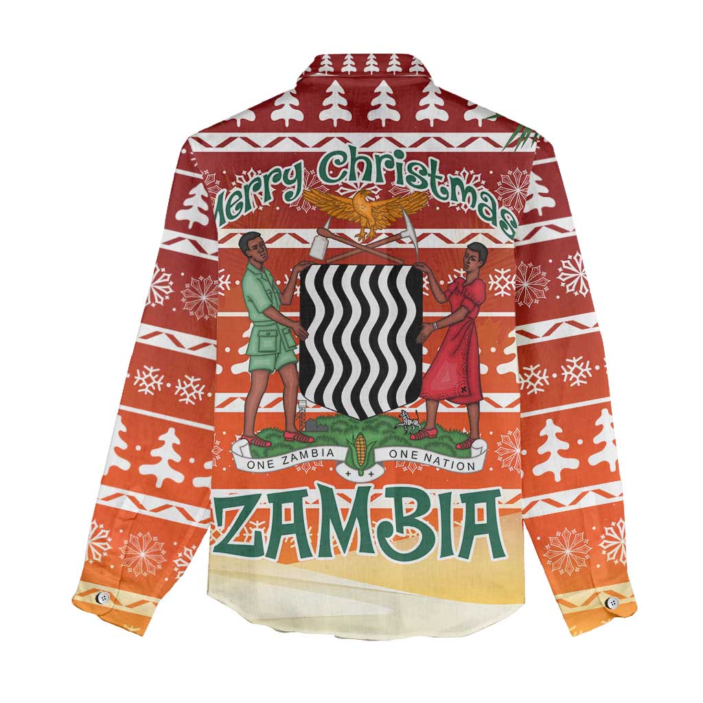 Zambia Christmas Women Casual Shirt with African Animals Tree Snowflakes and National Emblem Design - Wonder Print Shop