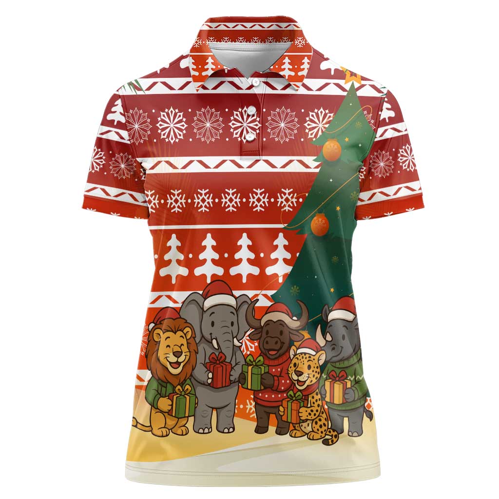 Zambia Christmas Women Polo Shirt with African Animals Tree Snowflakes and National Emblem Design - Wonder Print Shop