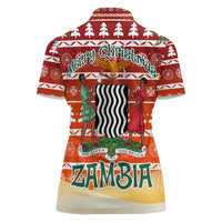 Zambia Christmas Women Polo Shirt with African Animals Tree Snowflakes and National Emblem Design - Wonder Print Shop