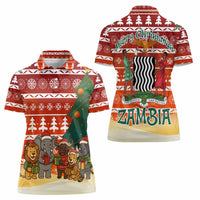 Zambia Christmas Women Polo Shirt with African Animals Tree Snowflakes and National Emblem Design - Wonder Print Shop