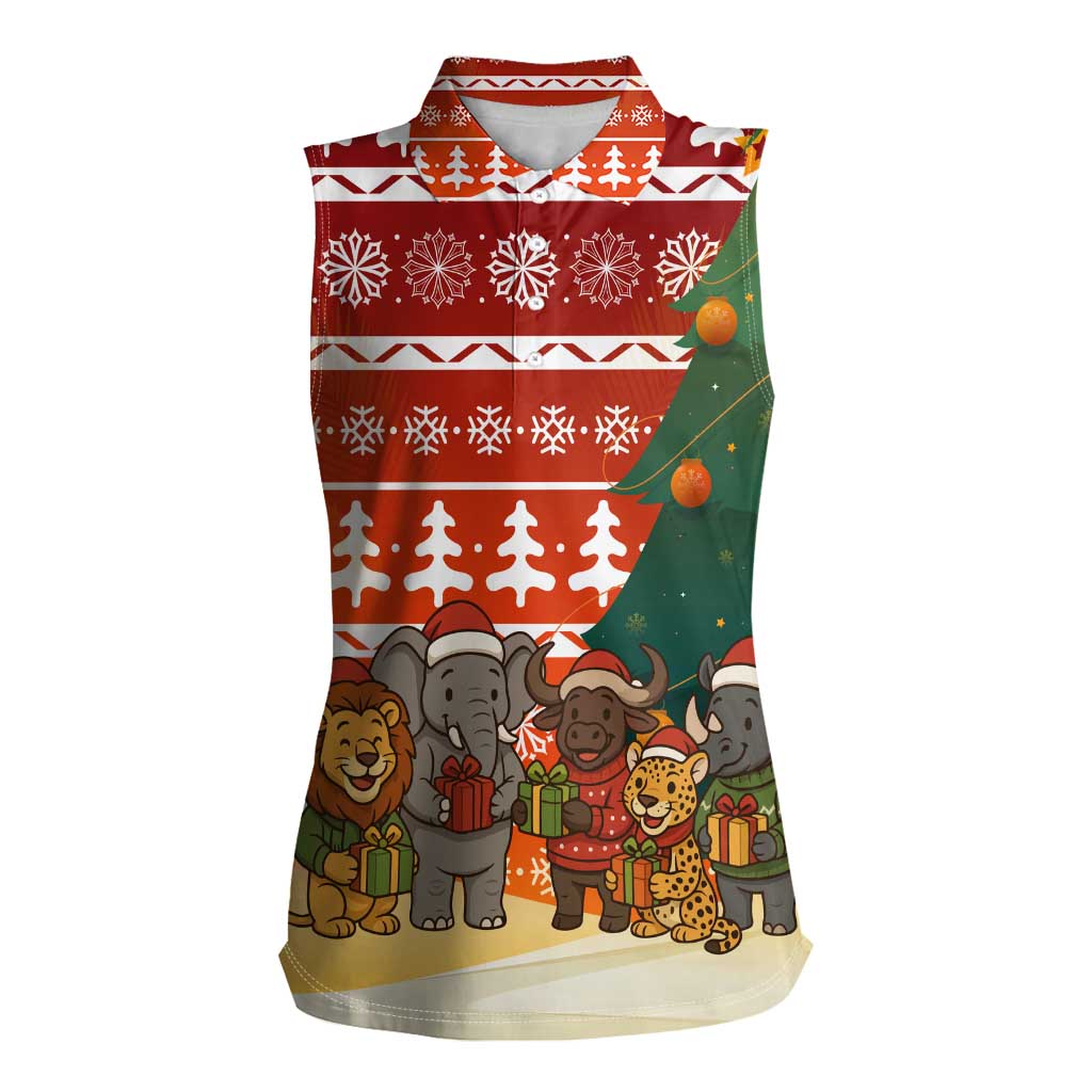 Zambia Christmas Women Sleeveless Polo Shirt with African Animals Tree Snowflakes and National Emblem Design - Wonder Print Shop