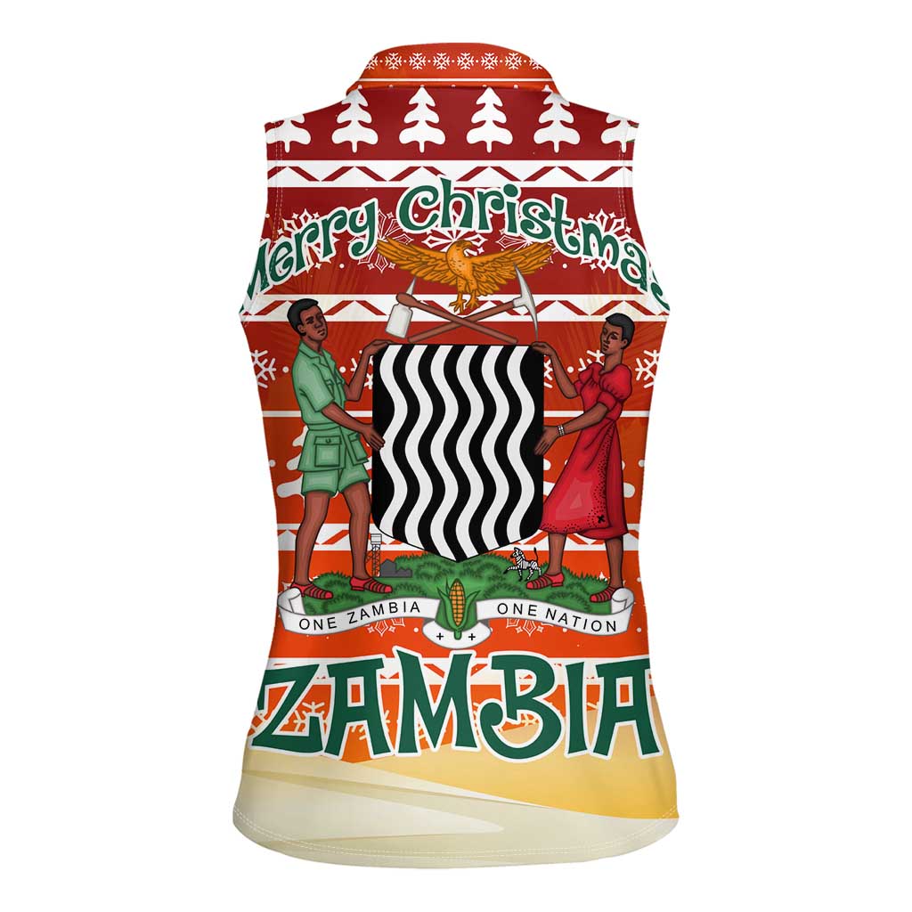 Zambia Christmas Women Sleeveless Polo Shirt with African Animals Tree Snowflakes and National Emblem Design - Wonder Print Shop