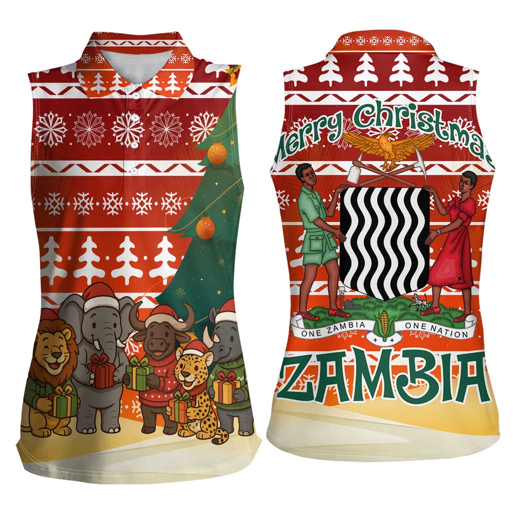 Zambia Christmas Women Sleeveless Polo Shirt with African Animals Tree Snowflakes and National Emblem Design - Wonder Print Shop
