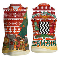 Zambia Christmas Women Sleeveless Polo Shirt with African Animals Tree Snowflakes and National Emblem Design - Wonder Print Shop
