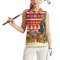 Zambia Christmas Women Sleeveless Polo Shirt with African Animals Tree Snowflakes and National Emblem Design - Wonder Print Shop