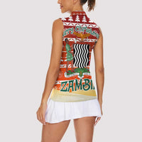 Zambia Christmas Women Sleeveless Polo Shirt with African Animals Tree Snowflakes and National Emblem Design - Wonder Print Shop