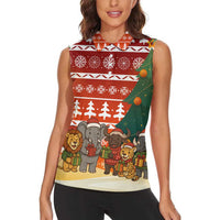 Zambia Christmas Women Sleeveless Polo Shirt with African Animals Tree Snowflakes and National Emblem Design - Wonder Print Shop