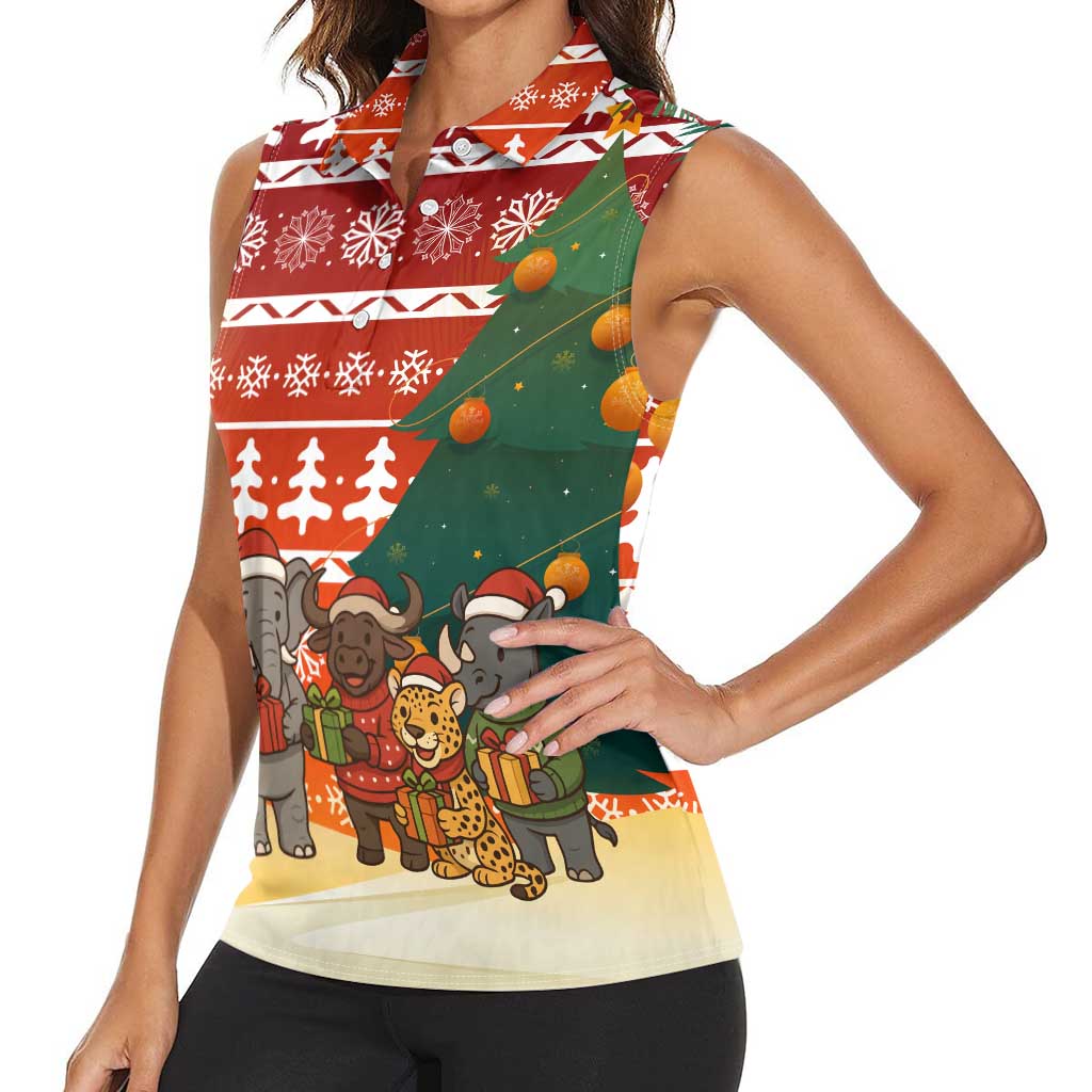 Zambia Christmas Women Sleeveless Polo Shirt with African Animals Tree Snowflakes and National Emblem Design - Wonder Print Shop