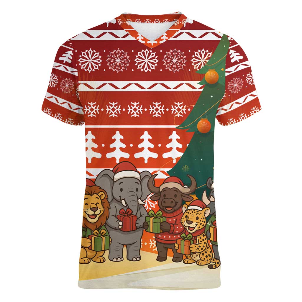 Zambia Christmas Women V-Neck T-Shirt with African Animals Tree Snowflakes and National Emblem Design - Wonder Print Shop