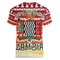 Zambia Christmas Women V-Neck T-Shirt with African Animals Tree Snowflakes and National Emblem Design - Wonder Print Shop